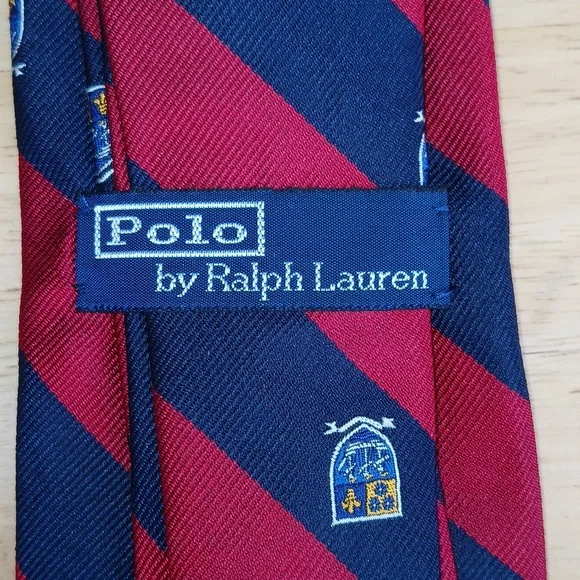 POLO by Ralph Lauren Red and Blue Striped Tie with Crest - Picture 3 of 5